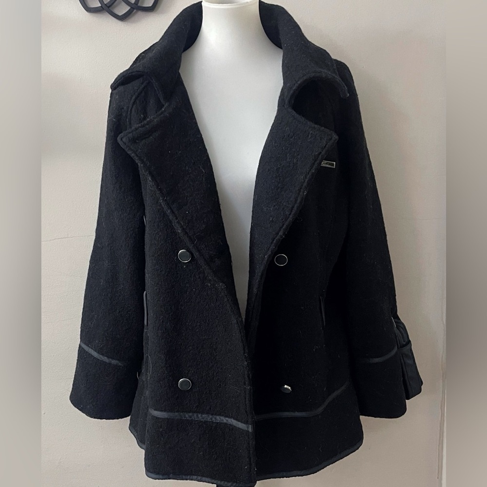 Al Wissam black wool double-breasted pea coat designer work classic